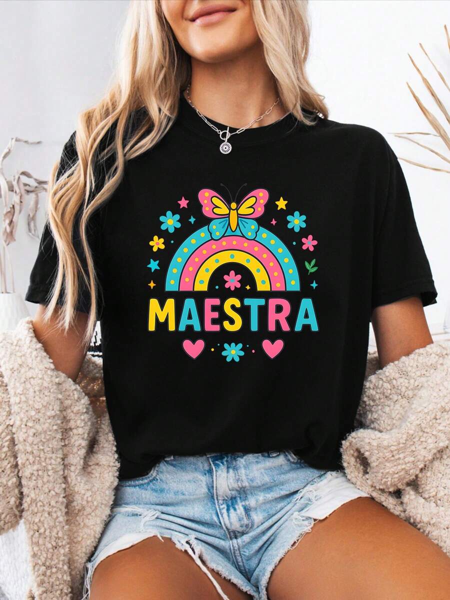 Camiseta de moda con letras en español para mujer, estampado con eslogan de marca de moda, manga corta, estilo latinoamericano primavera/verano 2026, top de algodón puro con cuello redondo, camiseta casual de vacaciones con estilo moderno. - Negro - Ver 1