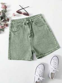Shorts mezclilla unicolor con cremallera - Verde - Ver 1