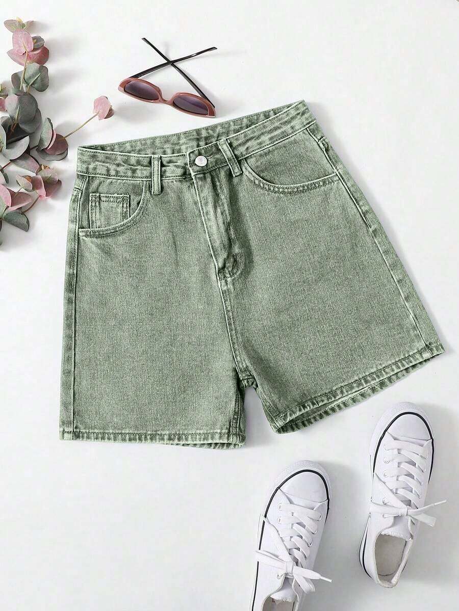 Shorts mezclilla unicolor con cremallera - Verde - Ver 1