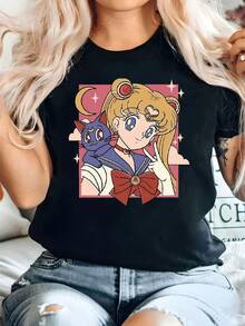 Camiseta Gráfica de Manga Corta con Cuello Redondo para Mujer Talla Grande - Estampado Geométrico Negro, Corte Holgado, Estilo Casual, Lavable a Máquina, para Primavera, Verano y Otoño, Diseño Divertido, Tela para Todas las Temporadas - Negro - Ver 7