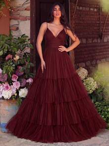 Faeriesty Elegant Layered Mesh Ruffle Hem Dress, Spaghetti Strap V-Neck, Graceful Spring/Summer Wear Suitable For Wedding Guests, Formal Events, Prom, Bridesmaids, Dates - 酒紅色 - 查看 3