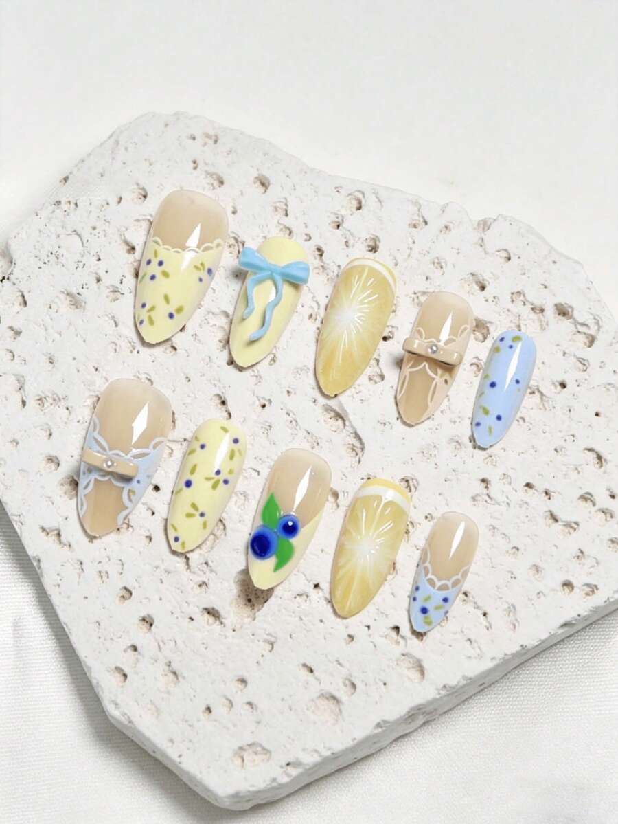 Bộ 30 móng giả trang trí mùa xuân tươi mới, kiểu Pháp, nơ 3D, quả việt quất, chanh, ren Y2K, bộ móng phủ toàn bộ, phù hợp cho phụ nữ/bé gái sử dụng hàng ngày, dự tiệc và làm đẹp, nghệ thuật vẽ móng, lễ hội, mùa tốt nghiệp, kỳ nghỉ, du lịch, lễ tốt nghiệp, Ngày của Mẹ, Ngày Valentine. - Nhiều màu - Xem 1