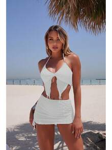 Traje de baño de dos piezas de color sólido, moderno y en stock para mujer, conjunto de bikini de tres piezas. - Juego de tres piezas blanco 9328 - Ver 1