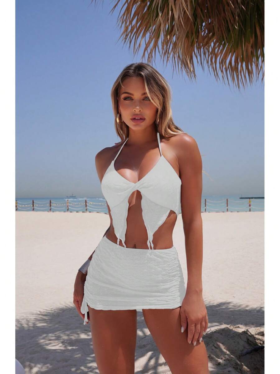 Traje de baño de dos piezas de color sólido, moderno y en stock para mujer, conjunto de bikini de tres piezas. - Juego de tres piezas blanco 9328 - Ver 1
