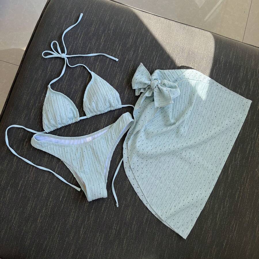 New 3-Piece Swimsuit Set - Backless Bikini With Adjustable Ties - 青色 - 查看 1