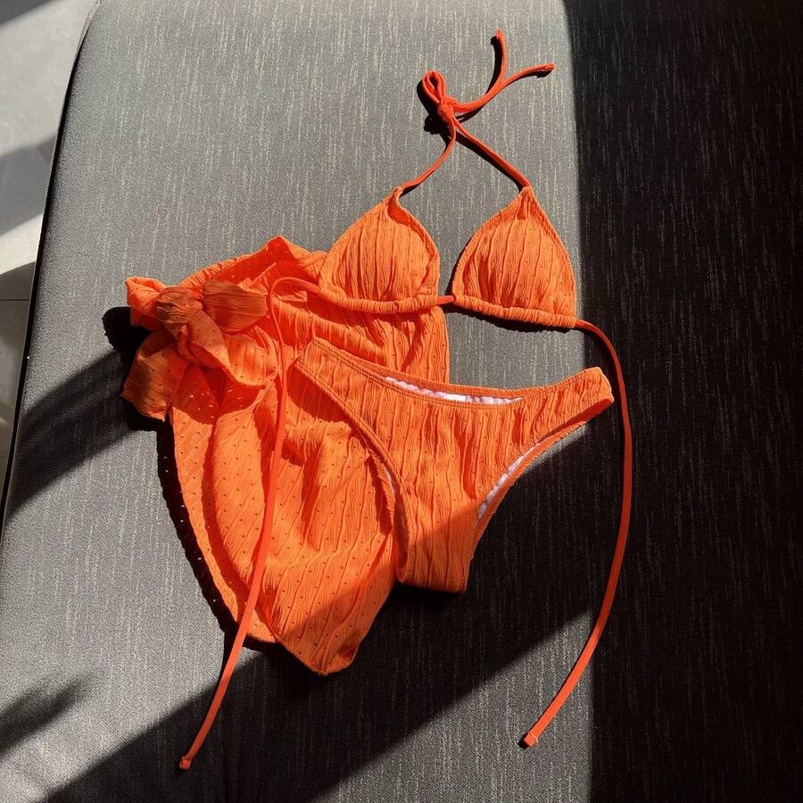 Novedad Conjunto de baño de 3 piezas - Bikini sin espalda con cordones ajustables - Rojo anaranjado - Ver 1