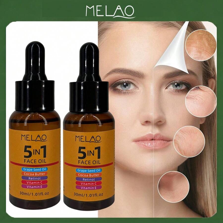 2瓶装 MELAO 5合1面部精油 30ml,保湿面部精油,蕴含葡萄籽油、可可脂、视黄醇、维生素C和E,滋养保湿肌肤,改善肤质,令肌肤光滑、柔软、焕发光彩。 - 2個 - 查看 1
