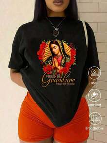Camiseta de cuello redondo y mangas cortas de ropa fashion, fabricada en México, para la temporada primavera-verano 2025. Con estampado de dibujos animados, es un modelo de pareja, apta para usar tanto por dentro como por fuera, ideal para oficina y estilo casual, diseñada para hombres y mujeres, en unidad individual. - Negro - Ver 1
