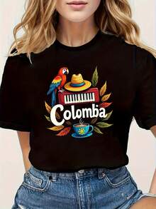 Camiseta de Mujer con Temática Colombiana - con Gráficos Coloridos de Colombia (Parka, Plátano, Taza de Café) - Camiseta Ligera de Cuello Redondo para Uso Diario y Festivales - Ropa de Cultura Colombiana, Regalo para Mujeres - Camisetas para Salir para Mujeres - Negro - Ver 7