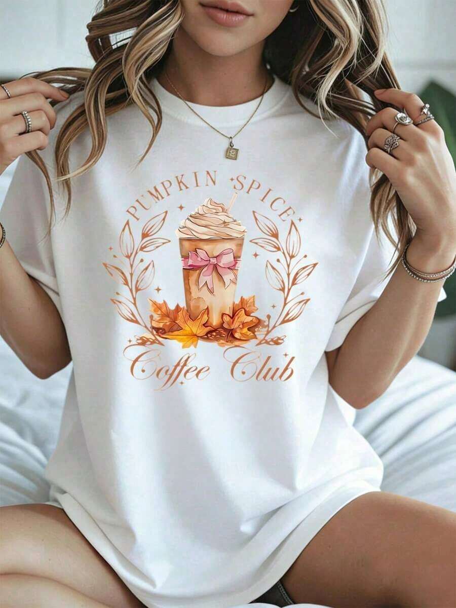 Elegant And Casual Women's Short-Sleeved Pumpkin Spice Coffee Club T-Shirt, Featuring A Drink And Autumn Leaf Print, White Casual Wear For Women, Perfect For Autumn And Winter. - 白色 - 查看 1