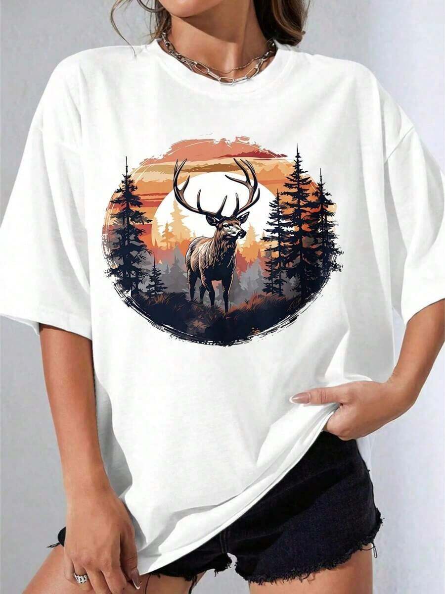 Camiseta Negra y Blanca para Niña, Camiseta Oversize con Estampado de Ciervo Blanco en el Bosque al Atardecer, Ropa Casual para Exteriores, Camiseta Estampada para Fiesta al Aire Libre, 180g - Blanco - Ver 1
