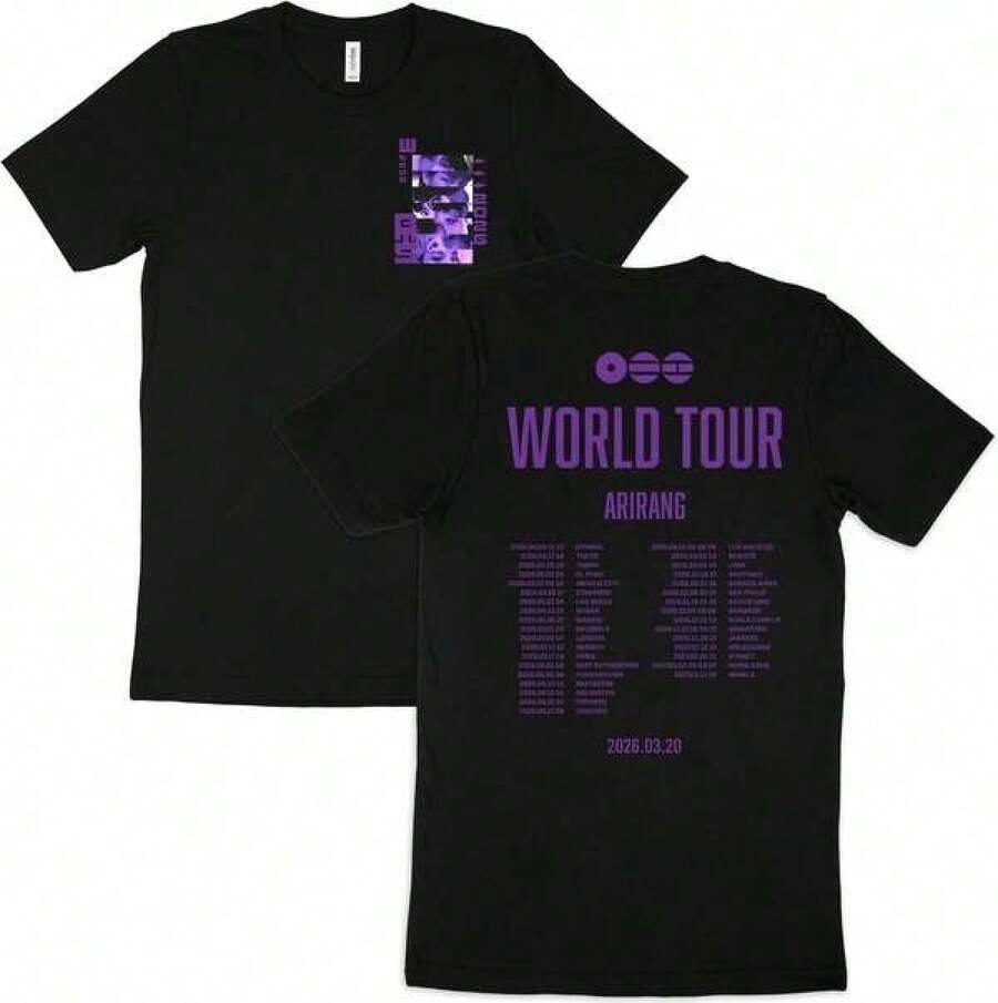Camiseta Morada de la Gira Mundial de Arirang - Camiseta con Gráfico de Retrato de Ídolo K-- Camiseta de Souvenir para Fans con Fechas de Conciertos de la Banda de Chicos de Corea del Sur - Negro - Ver 1