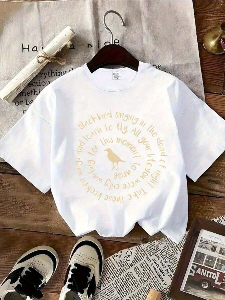 NewSummerCasual1 Women's Short Sleeve Crew Neck T-Shirt, Casual Knit Style, Suitable For All Seasons, Simple And Modern, With A Fun "Short Text And Bird" Print, 100% Cotton. Unisex Loose Fit Short Sleeve Crew Neck Cotton T-Shirt With Urban Vintage Style - 白色的 - 查看 1