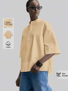 de diseño versátil y casual de serie esencial con sensación de lujo minimalista, con cuello redondo, hombros caídos y diseño suelto, silueta corta por delante y larga por detrás, de estilo urbano moderno y elegante para oficina, ideal para bod - Caqui - Ver 8
