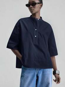 de diseño versátil y casual de serie esencial con sensación de lujo minimalista, con cuello redondo, hombros caídos y diseño suelto, silueta corta por delante y larga por detrás, de estilo urbano moderno y elegante para oficina, ideal para bod - Azul marino - Ver 5