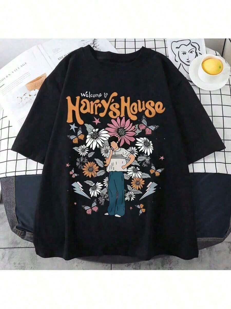 1 pieza Camiseta de Mujer Harrys House, Algodón, Verano, Manga Corta con Gráficos de Manga, Suave, Originalidad, Camiseta Slice Of L, Camiseta Unisex Esencial - Estilo Streetwear Ajustado y Atemporal, Ropa de Mujer, Atuendo de Año Nuevo para Mujer, Camisetas 100% Algodón, Todos los diseños están impresos. Unisexo. Ropa deportiva estilo Y2K, cuello redondo, 100% algodón, tejido suave, manga corta. - Negro - Ver 1