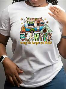 Camiseta de Mujer Color Rosa Macaron con Estampado de Camping - Camiseta suave, elástica y cómoda de cuello redondo con diseño geométrico, top informal para actividades al aire libre, adecuada para viajes por carretera, glamping y uso casual, ropa de camping, ropa de viaje, diseño divertido, tela elástica. - Blanco - Ver 7