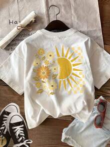 Camiseta de edición limitada con estampado gráfico, manga corta, cuello redondo, top casual para verano y primavera, ropa de mujer, algodón ligero. - Albaricoque - Ver 8