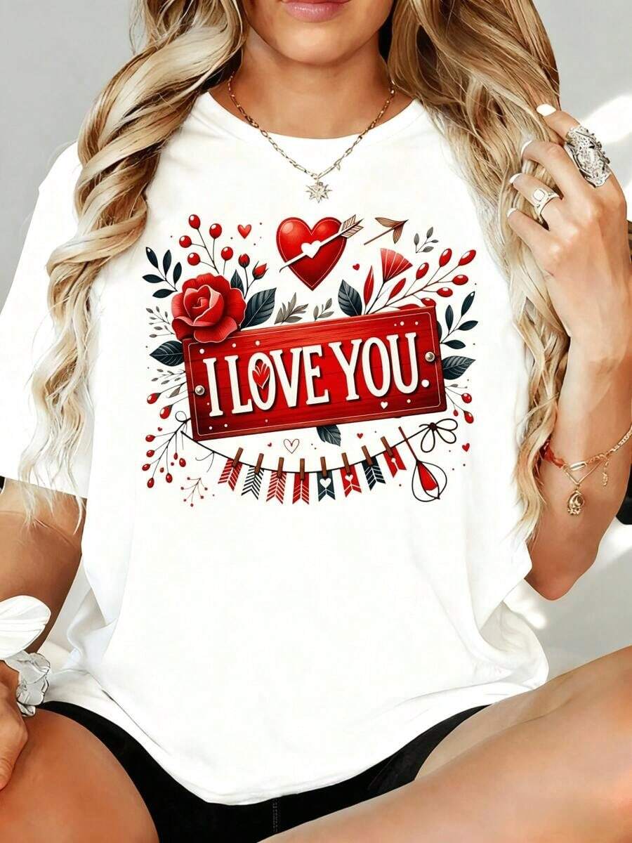 Women's T-Shirt With Heart And Rose Print "I Love You" For Valentine's Day, 180g, For Leisure At Home, Outdoors, Valentine's Day Party Gift - 白色 - 查看 1