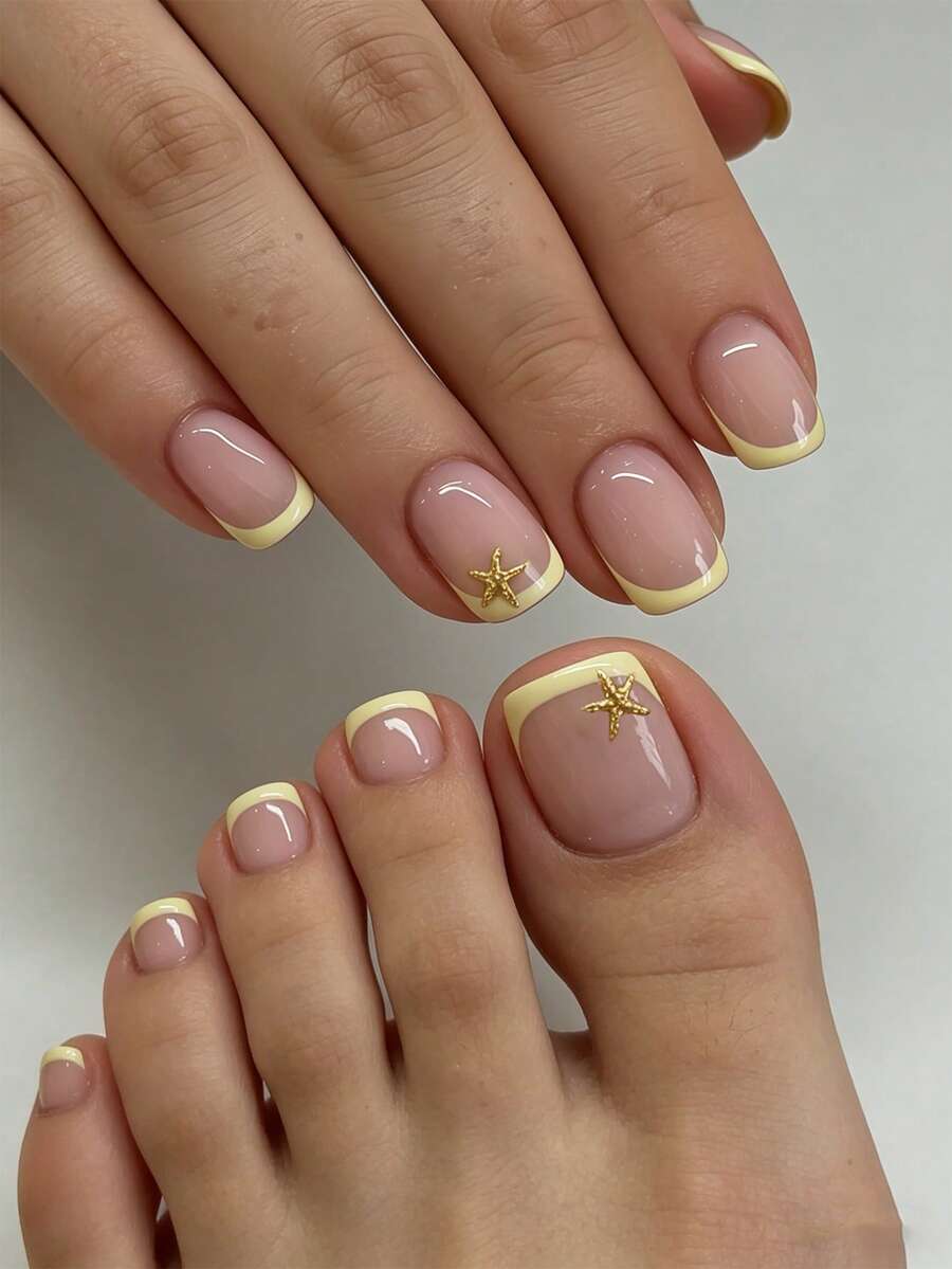 Add Romantic Vibe 48pcs Short Gold Star Yellow French Manicure Fake Nails With 2 Adhesive Sheets And 2 Mini Nail Files, Suitable For Summer Party, Office And Daily Wear, Randomly Shipped - Multicolor - View 1