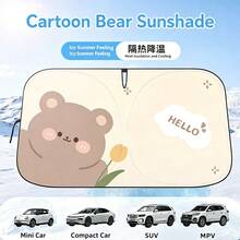 1pc (Multiple Patterns Available) Cartoon Tulip, Bear, Rabbit Car Sun Shade, Icy Feeling, Heat Insulation, Sun Protection, 4-Season Sunshade, Foldable Double-Ring Sunshade, Comes With Storage Bag, Front Windshield Sunshade - A - View 8