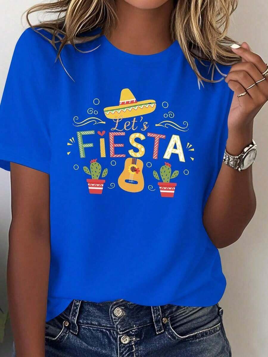 Women's Lightweight Graphic Print T-Shirts - Mexican Festival T-Shirt - Solid Color Short Sleeves With Wide Brim Hat, Maracas, And Cactus Prints - Let's Celebrate With Spanish-Themed Outfits, Mariachi Dance Costumes, And Accessories (Machine Washable) 100% Cotton, A Hit! - 藍色的 - 查看 1