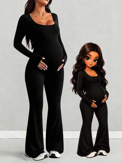 Parara Maternity Long Sleeve Jumpsuit, Tight & Comfortable Casual Outfit, Suitable For Sports, Dates, Daily Wear, And Halloween Black Spring