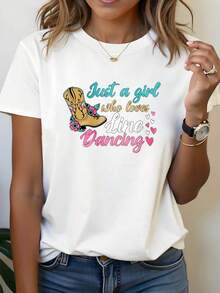 Simple And Versatile Design Elegant Women's Clothing Denim Boots And Floral Print "Just A Girl Who Loves Line Dancing" Comfortable Spring/Summer T-Shirt For Women Vintage Country Style Cotton Short Sleeve Top For Line Dancing Classes, Dance Parties, Daily Travel And Dance Outfits - 白色 - 查看 7