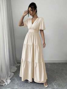 Vestido largo con cuello en V elegante, cintura recogida, pliegues, bajo acampanado y mangas abullonadas, color púrpura, de uso casual y para vacaciones, para primavera/verano - Caqui - Ver 3