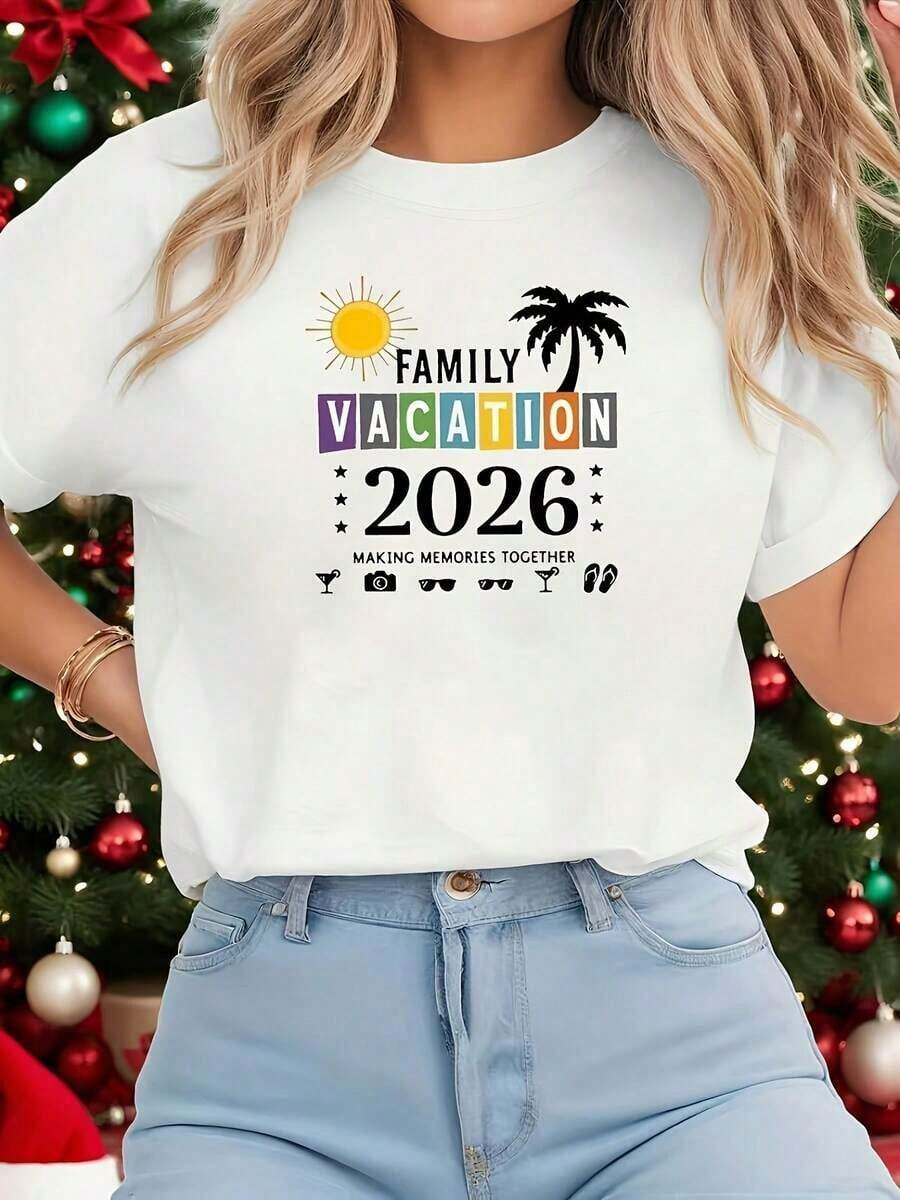 Camiseta de Mujer, Camiseta "2026 Family Vacation Making Memories" - Rojo Brillante con Patrones Coloridos de Palmeras Tropicales y Aviones, Cuello Redondo Blanco, Manga Corta, Ropa Casual Versátil para la Playa, Ajuste Cómodo para Todas las Temporadas. - Blanco - Ver 1