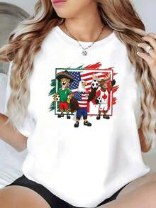 Tres animales simpáticos sosteniendo balones simbolizan la unión deportiva entre México Estados Unidos y Canadá mostrando amistad y pasión por el fútbol camiseta de mujer casual cómoda ideal para fanáticas del deporte - Negro - Ver 6