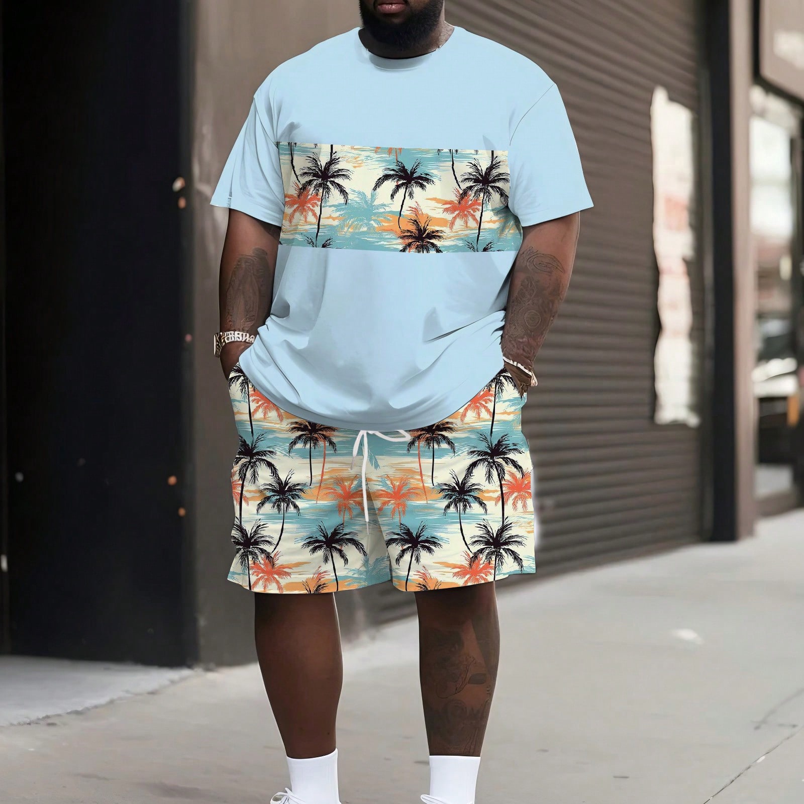 Piezas Conjunto de camiseta de manga corta y pantalón corto con estampado de árbol de coco para hombres talla grande, camiseta de cuello redondo a j