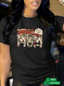 Women's T-Shirt With Round Neck And  Anime Letter Print, Simple Design, Comfortable And Breathable, Suitable For Casual And Versatile Daily Wear, Showing A Natural And Elegant Style, A Must-Have For Summer Parties, Shipped Locally, With The Word MOM Handwritten In Red And Baseball Style Leopard Print. - 黑色 - 查看 8