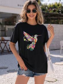 local warehouse,Playera Oversize Mujer "Colibrí Floral Otomí" - Azul Marino con Estampado  Mexicano - Negro - Ver 2