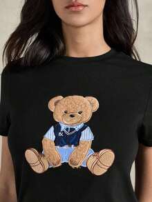 Camiseta de manga corta de uso diario versátil y casual con cuello redondo y bordado de oso para mujer, atuendos de verano, atuendos de verano para mujer, atuendos de San Valentín para mujer, atuendos de playa, blusas para salir, camisetas gráficas para mujer - Negro - Ver 2