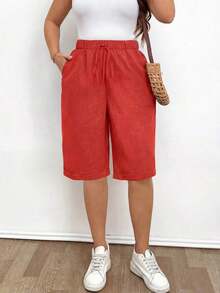 Women's Plus Size Linen Loose Fit Shorts, Solid Color, With Pocket And Drawstring Waist, Wide Leg Shorts, Modest Shorts For Vacation And Summer, Black - 橘色 - 查看 12