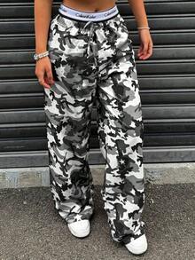 Pantalones anchos de mujer con estampado de camuflaje y cordón a la cintura, de uso casual - Gris - Ver 3