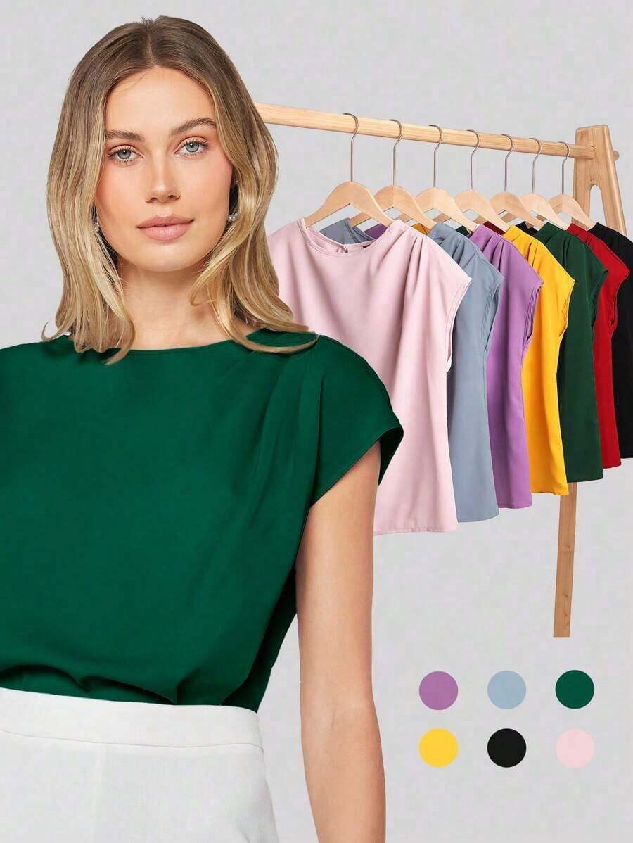 Blusa de mujer con mangas de murciélago asimétricas, de unicolor, estilo básico urbano de viaje, moda elegante y sencilla para negocios casuales, adecuada para maestras y uso en la oficina - Verde Oscuro - Ver 1