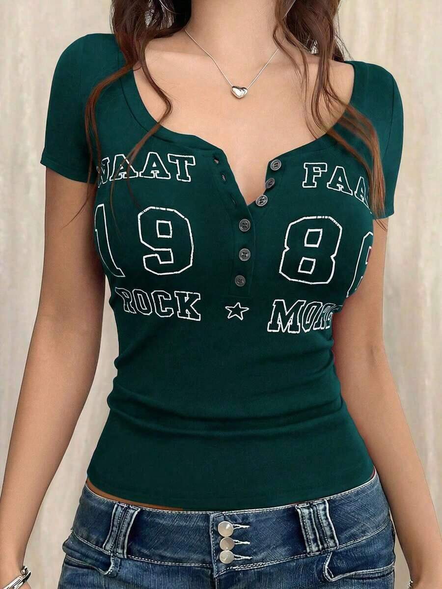 Camiseta de manga corta ajustada con estampado de letras estilo Y2K para mujer, casual para primavera/verano - Verde Oscuro - Ver 1