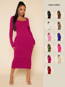 Vestido ajustado unicolor de cuello scoop - Rosa Fucsia - Ver 6