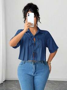 Blusa elegante corta con pliegues y lazo delantero para mujer - Azul 3 - Ver 6