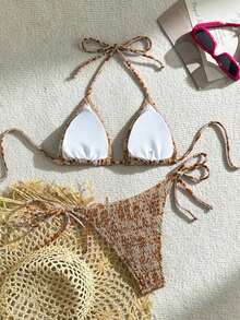Swim Mod Conjunto de bikini sexy para mujer con estampado floral de verano, copa push-up y cuello halter con lazo - Marrón - Ver 2