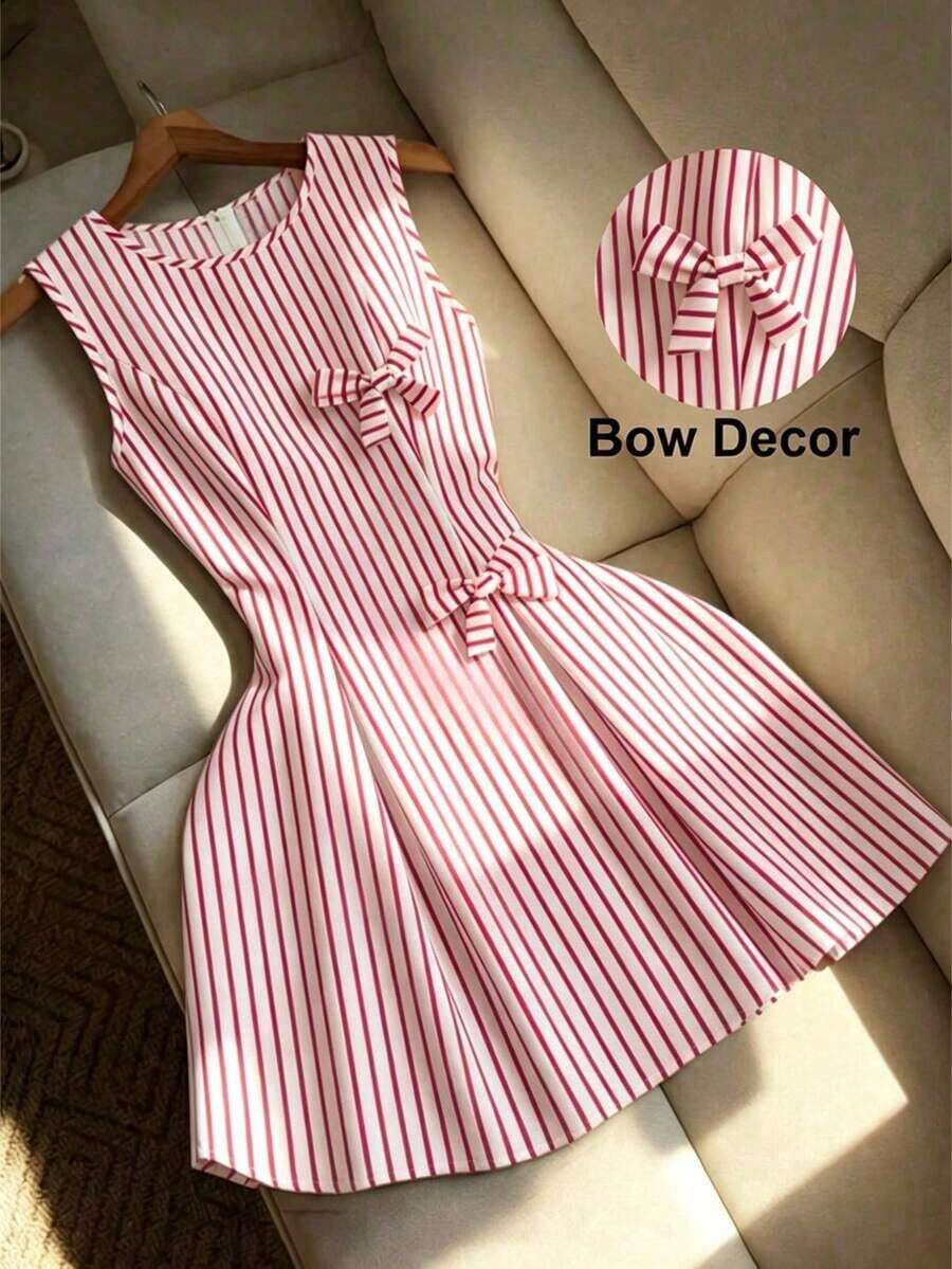 Vestido de línea A con cintura ceñida, decorado con lazo, a rayas azul y blanco, adecuado para la escuela, picnic de fin de semana, salida casual con amigos, de estilo fresco y dulce - Rojo y blanco - Ver 1