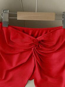 Blusa de satén anudada elegante y casual para mujer, ideal para vacaciones, salidas y fiestas, primavera/verano - Rojo - Ver 8