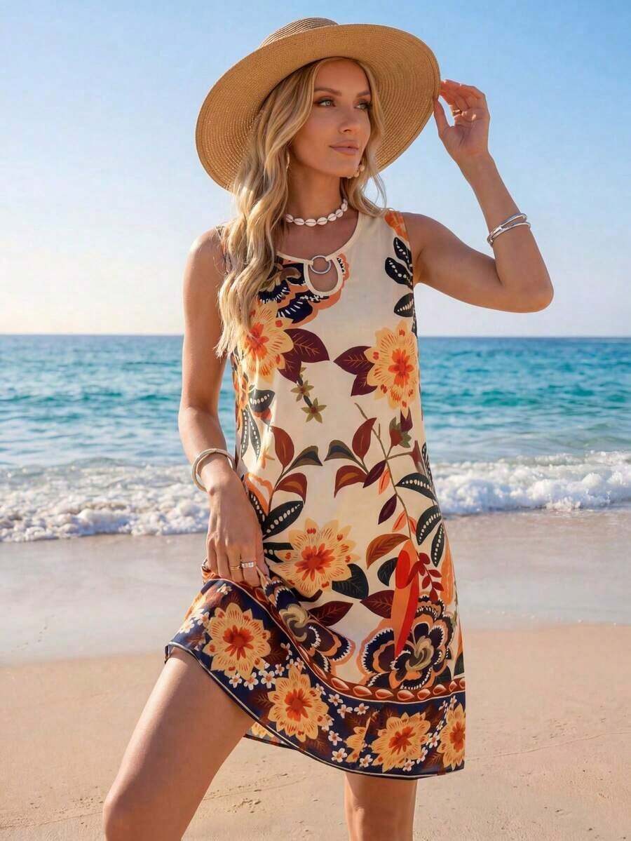 Vestido de verano casual con estampado tropical para vacaciones de mujer - Multicolor 9 - Ver 1
