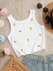 Camiseta de tirantes con cuello redondo, estampado de flores de cerezo y recorte de concha para mujer - Blanco 2 - Ver 3