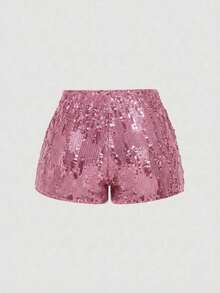 Pantalones cortos negros glamorosos de mujer con adornos de lentejuelas - Rosa - Ver 2