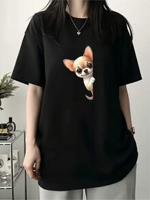 Funny Chihuahua Puppy T-Shirt, Minimalist Style Print, Soft Cotton, Modern Design, Black T-Shirt, Casual Look, Ideal For Animal Lovers, One Size Fits All, Youth Clothing, Trending Fashion. - 黑色 - 查看 1