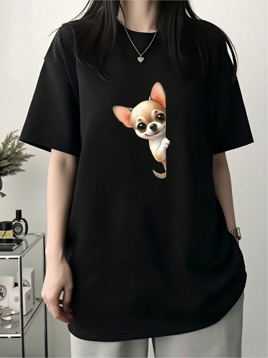 Funny Chihuahua Puppy T-Shirt, Minimalist Style Print, Soft Cotton, Modern Design, Black T-Shirt, Casual Look, Ideal For Animal Lovers, One Size Fits All, Youth Clothing, Trending Fashion. - 黑色 - 查看 1