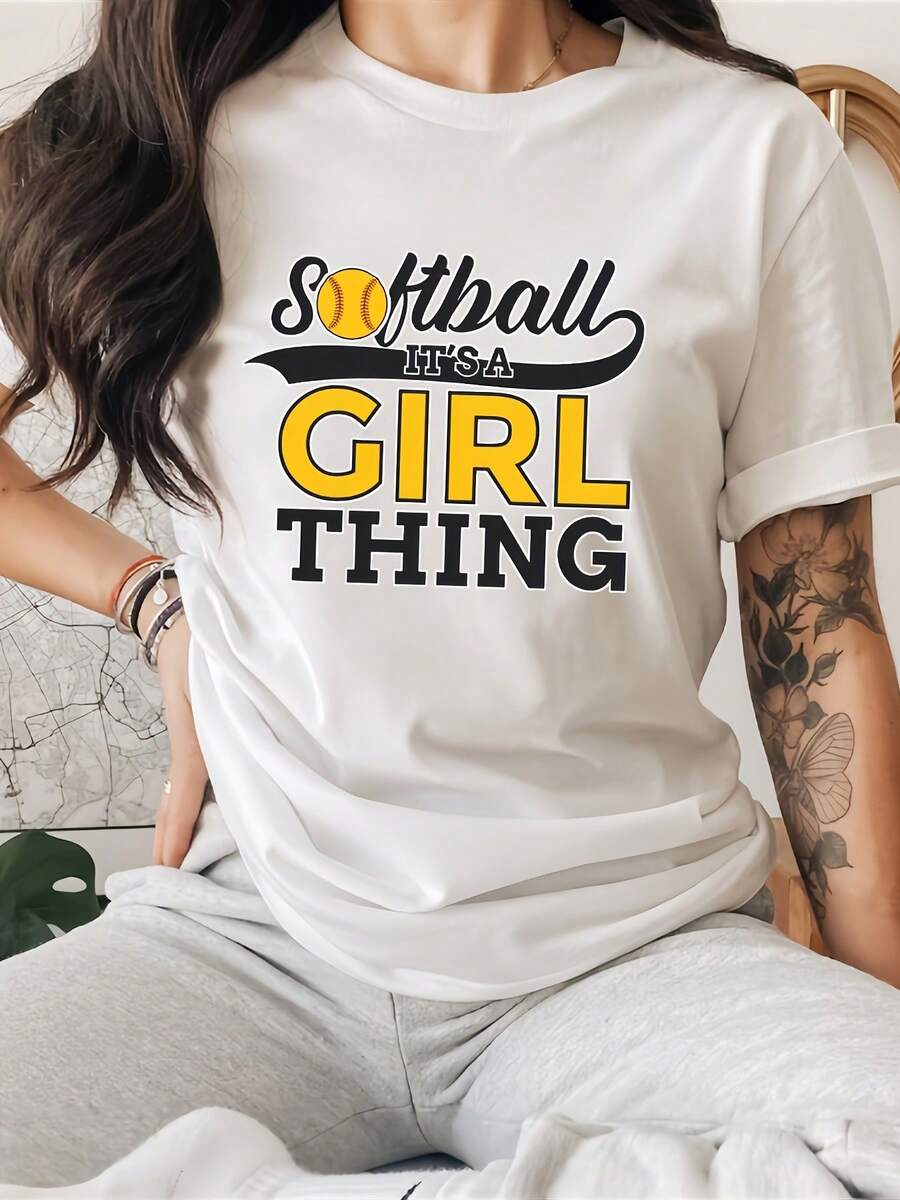 Playera casual de cuello redondo y manga corta para mujer con estampado de letras "Softball It's A Girl Thing", top deportivo de verano para damas - [Blanco] - Ver 1